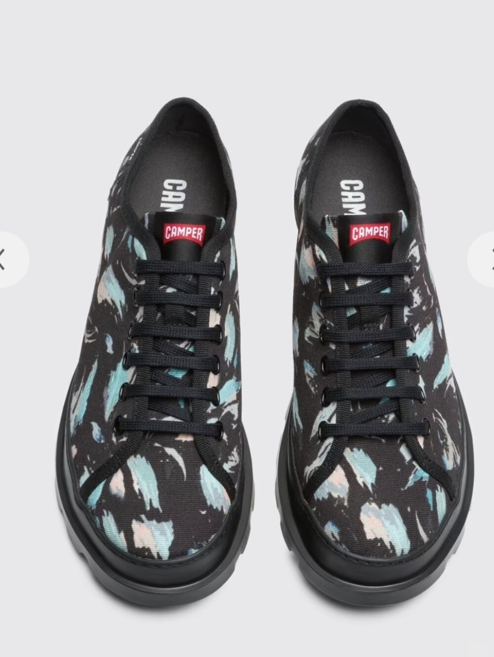 Camper Black Low-Top Sneakers with Teal and Cream Brushstroke Pattern Size 7